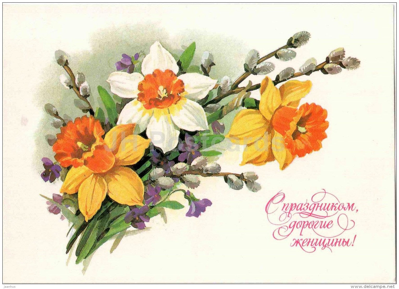8 March International Women's Day greeting card - narcissus - daffodil - postal stationery - 1985 - Russia USSR - unused - JH Postcards