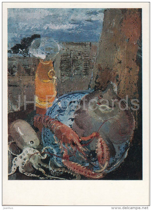 painting by E. Kalnins - Still Life . Lobster . Fish . Squid , 1936 - Latvian art - 1986 - Russia USSR - unused - JH Postcards