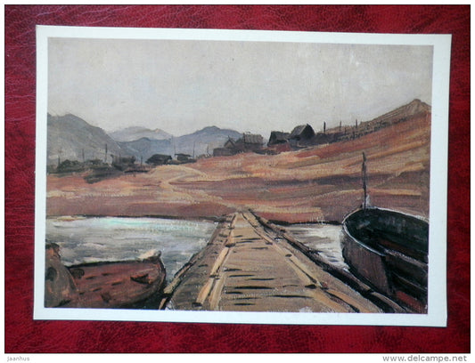 Painting by G. Manizer - Tutay village - boats - dock - lake Baikal - russian art - unused - JH Postcards