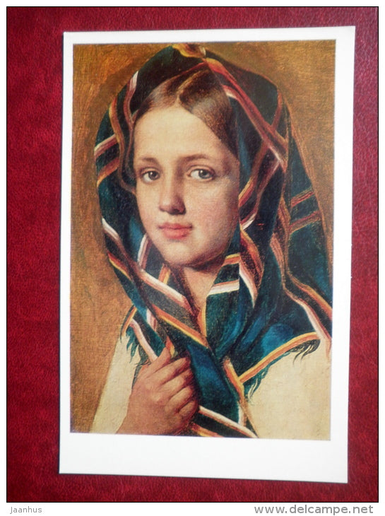 painting by A. Venetsianov , Girl wearing a Shawl , 1830s  - russian art  - unused - JH Postcards