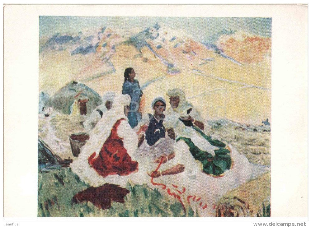 painting by M. Kenbayev - Felting wool - women - kazakh art - unused - JH Postcards