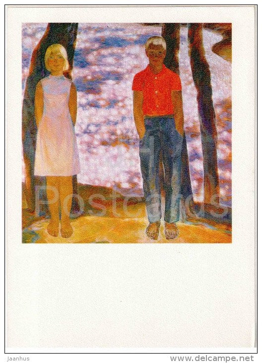 painting by M. Kazakevich - Youth , 1970-71 - boy and girl - russian art - unused - JH Postcards