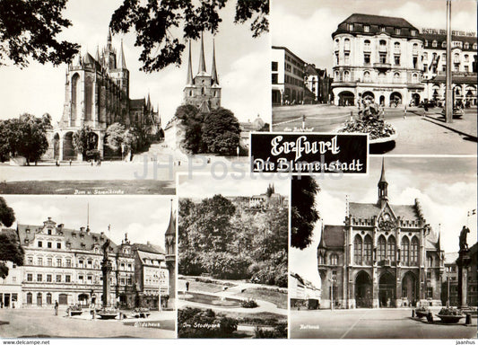 Blumenstadt Erfurt - Gildenhaus - Dom u Severikirche - Rathaus - Am Bahnhof - old postcard - Germany DDR - unused - JH Postcards