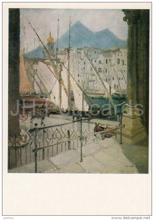 painting by E. Kalnins - Palermo . Italy , 1936 - sailing boat - Latvian art - 1986 - Russia USSR - unused - JH Postcards