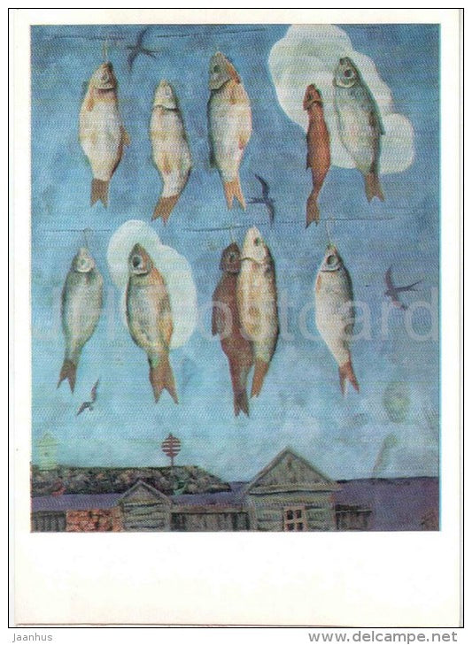 painting by V. Vatenin - Fishes and Birds , 1967 - russian art - unused - JH Postcards