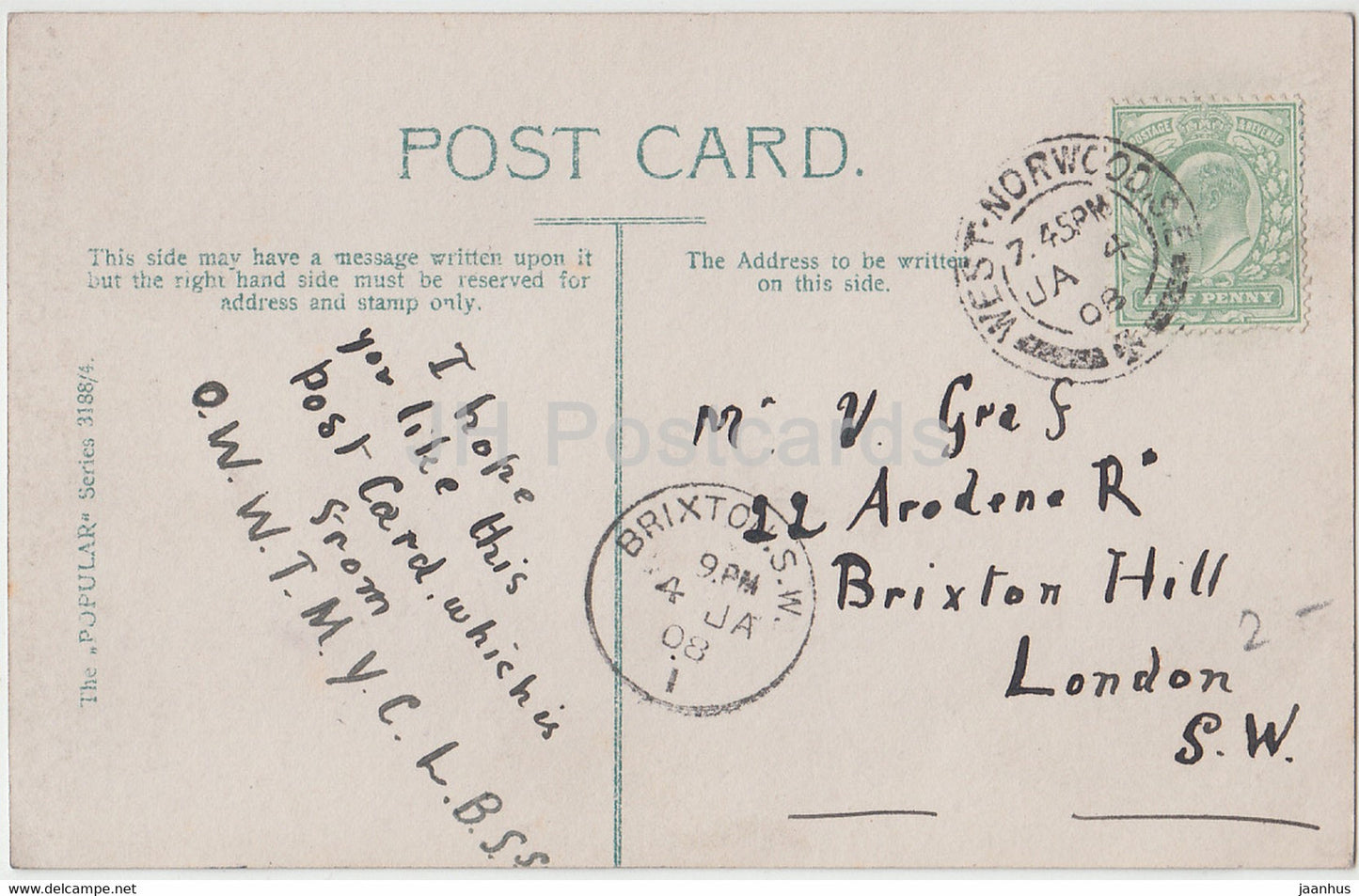 œillet rouge - fleurs - The Popular Series - 3188/4 - carte postale ancienne - 1908 - Royaume-Uni - utilisé