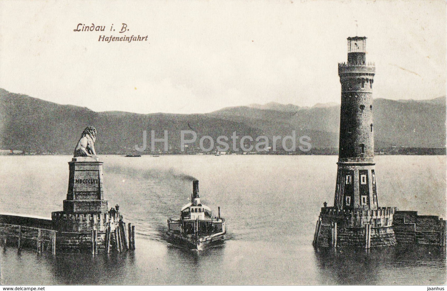 Lindau i B - Hafeneinfahrt - lighthouse - port - ship - old postcard - 1908 - Germany - used - JH Postcards