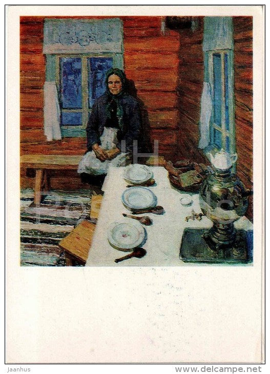 painting by K. Kazanchan - Mother , 1969 - samovar - dishes - russian art - unused - JH Postcards