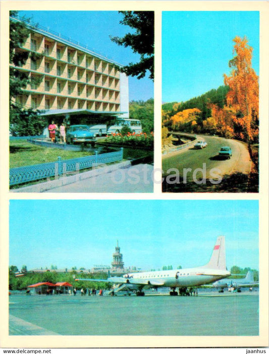 Almaty - Alma-Ata - hotel Kazakhstan - Road to Medeo - airport - airplane - car Volga - 1974 - Kazakhstan USSR - unused - JH Postcards