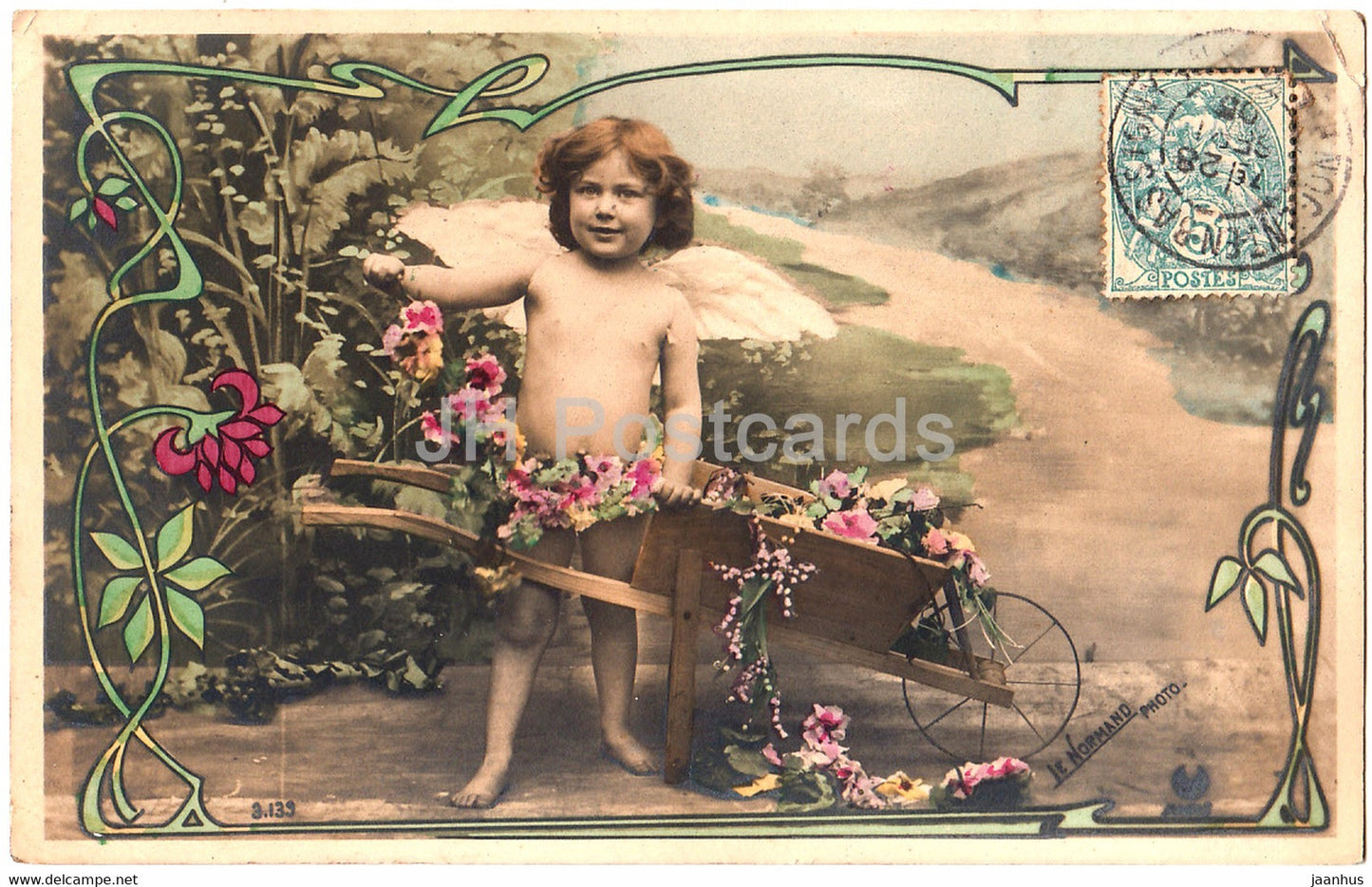 boy - angel - cart - children - 3.139 - Le Normand Photo - old postcard - France - 1905 - used - JH Postcards