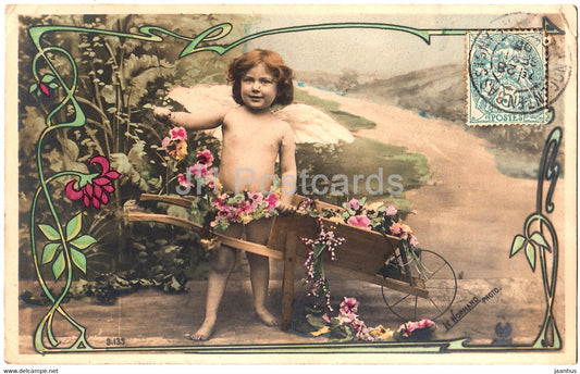 boy - angel - cart - children - 3.139 - Le Normand Photo - old postcard - France - 1905 - used - JH Postcards