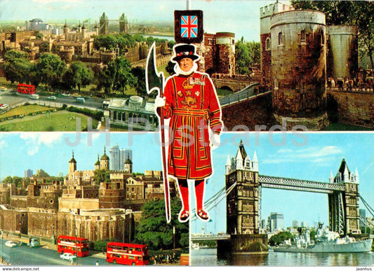 London - Greetings from London - Beefeater - Tower Bridge - multiview - 1978 - England - United Kingdom - used