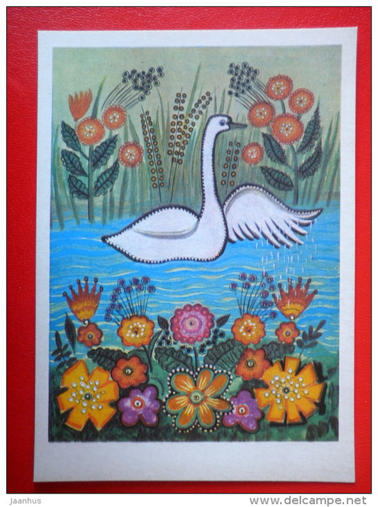 illustration by Y. Vasnetsov - swan - flowers - Russian folk songs and Nursery Rhymes - 1970 - Russia USSR - unused - JH Postcards