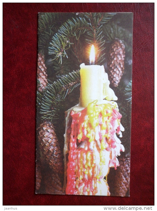 New Year Greeting card - candle - fir cones - 1985 - Estonia USSR - used - JH Postcards