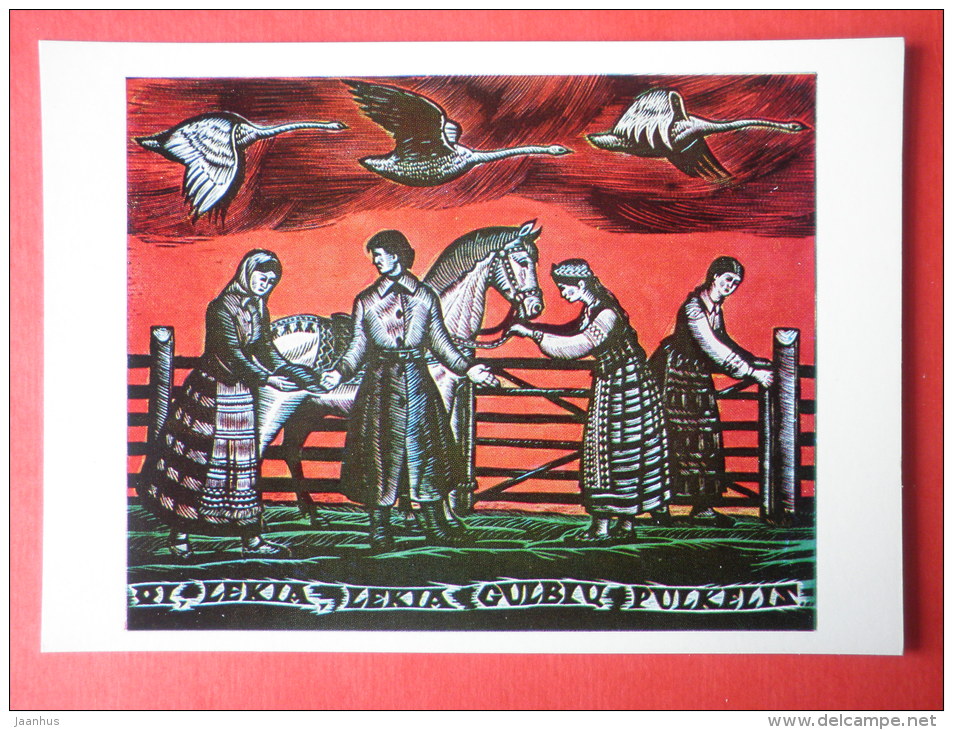 engraving by Jonas Kuzminskis - Lithuanian Folk Song theme . 1963 - swan - horse - lithuanian art - unused - JH Postcards