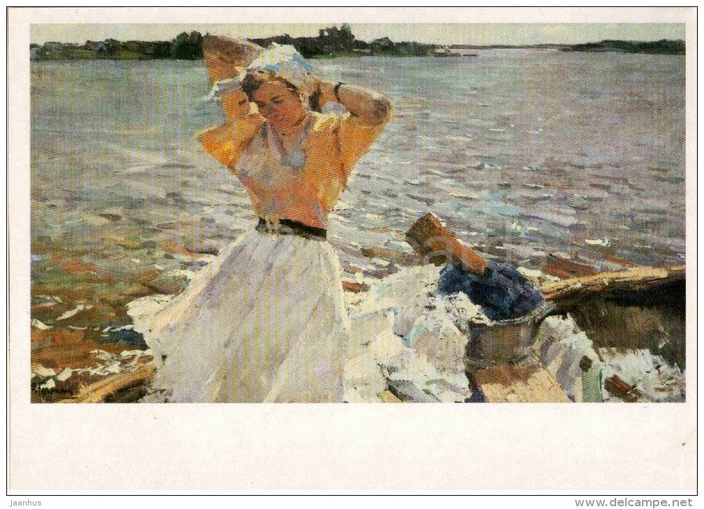 painting by V. Gavrilov - Fresh Day , 1958 - woman - russian art - unused - JH Postcards