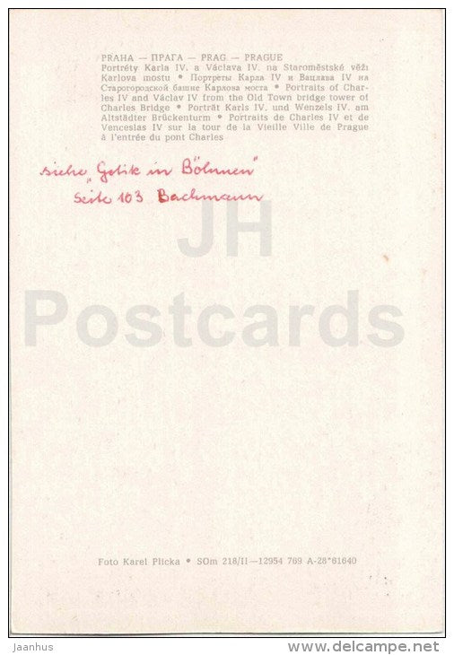 Portraits of Charles IV and Vaclav IV from the Old Town bridge tower - Praha - Prague - Czechoslovakia - Czech - used - JH Postcards