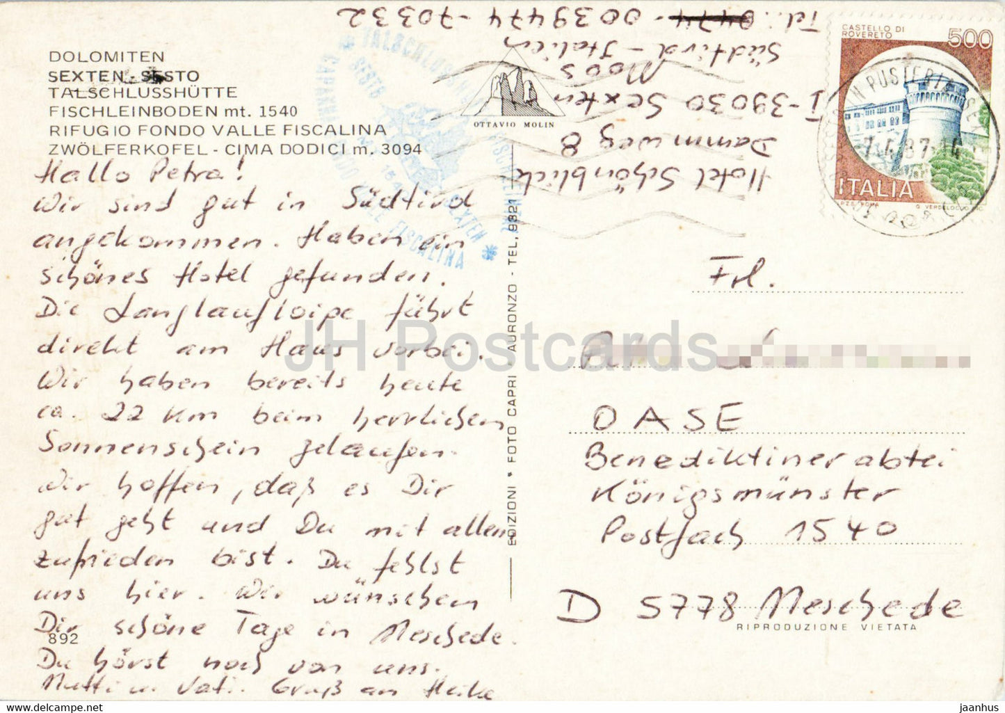 Sexten - Sesto - Talschlusshutte Fischleinboden - Rifugio Fondo Valle Fiscalina - traîneau à chevaux - 1987 - Italie - d'occasion