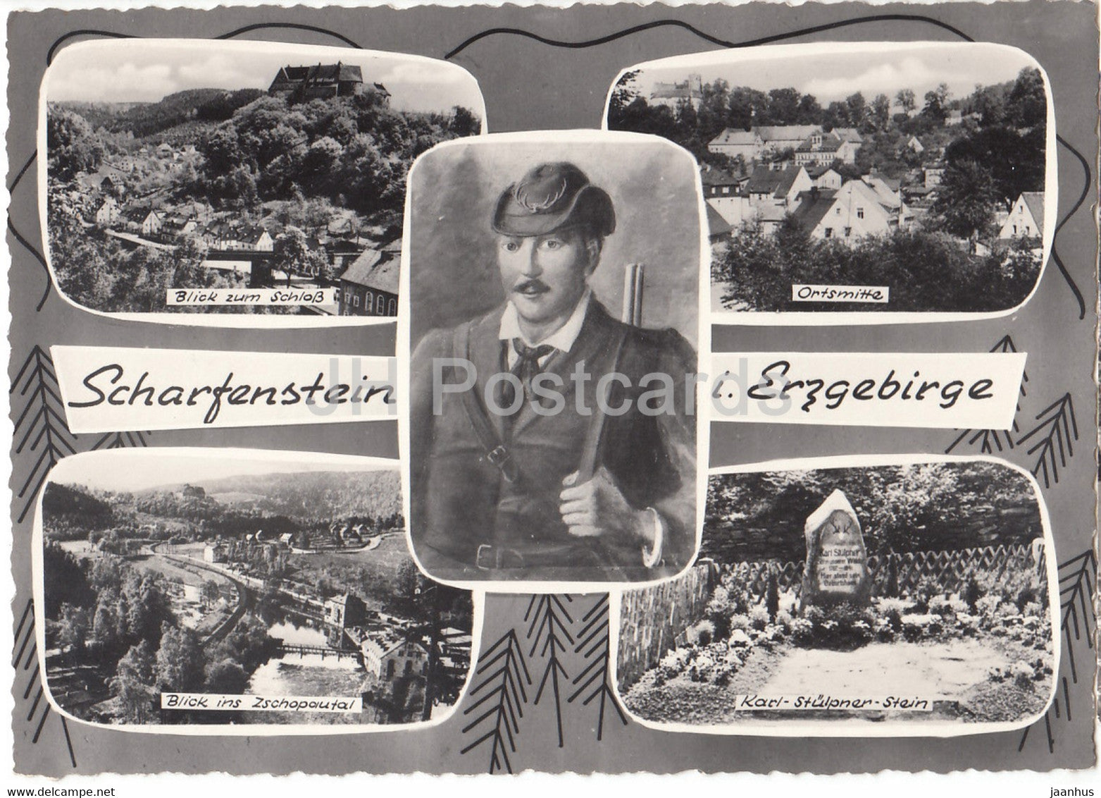 Scharfenstein Erzgebirge - Jager - Schloss - Ortsmitte - Zschopautal - Karl Stulpner Stein hunter - Germany DDR - unused - JH Postcards
