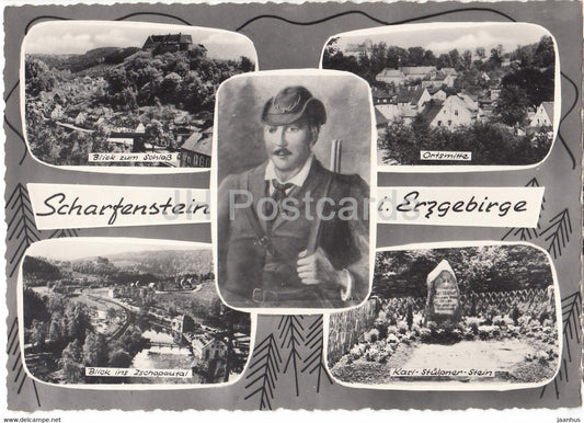 Scharfenstein Erzgebirge - Jager - Schloss - Ortsmitte - Zschopautal - Karl Stulpner Stein hunter - Germany DDR - unused - JH Postcards