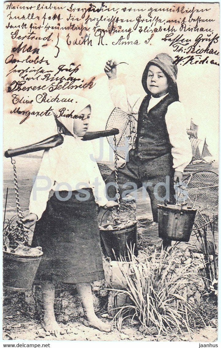 boy and girl - children - folk costumes - fisher - Konigsberg - old postcard - 1900s - Germany - used - JH Postcards