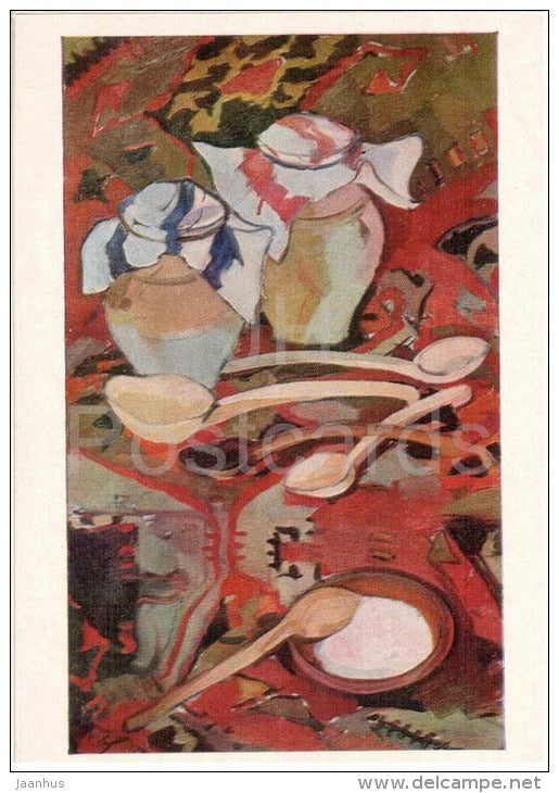 painting by N. Gyulikekhvyan - Still Life - spoons - dishes - armenian art - unused - JH Postcards