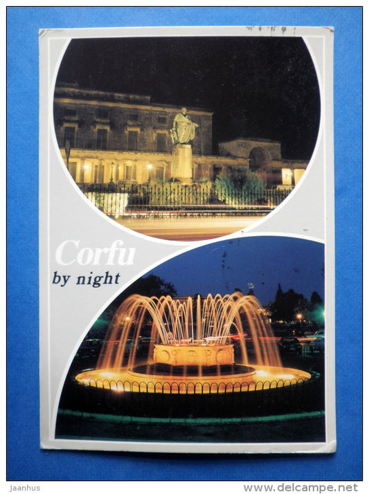 Corfu by Night - fountain - EUROPA 1988 stamp - sent from Greece to Finland 1988 - Greece - used - JH Postcards
