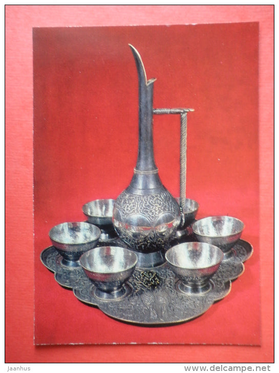 Set for cognac , silver by M. Kutateladze - Georgian Chasing - 1974 - USSR Georgia - unused - JH Postcards