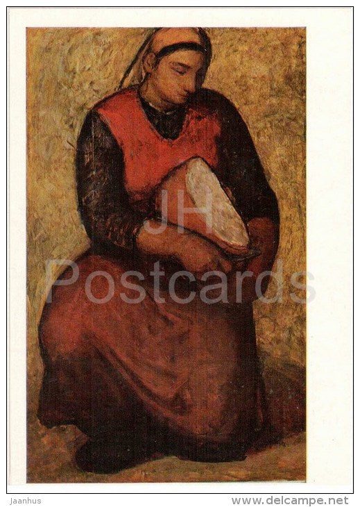 painting by Svetlin Rusev - Woman with Bread , 1961 - bulgarian art - unused - JH Postcards