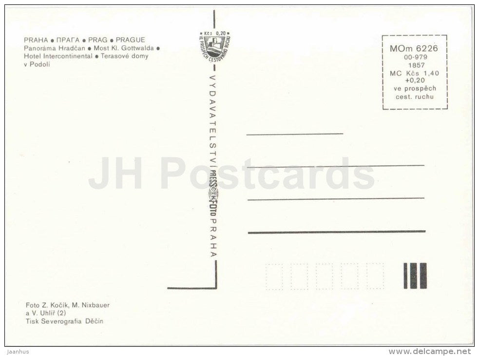 Hradcan panorama - Gottwald bridge - tram - hotel Intercontinental - Praha - Prague - Czechoslovakia - Czech - unused - JH Postcards