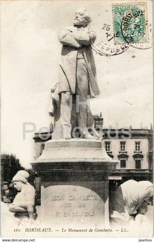 Bordeaux - Le monument de Gambetta - 160 - old postcard - 1907 - France - used - JH Postcards
