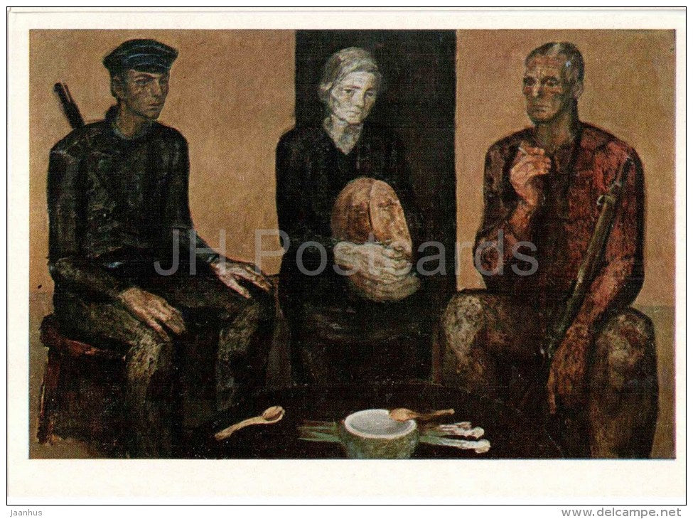 painting by Svetlin Rusev - Bread for the Squad , 1972 - bulgarian art - unused - JH Postcards