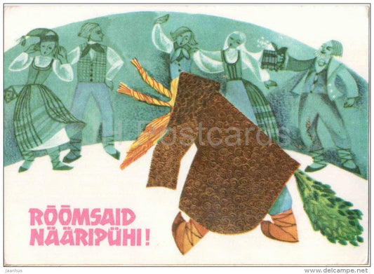 New Year Greeting card by I. Raudsepp - Yule Goat - people in Estonian Folk Costumes - 1977 - Estonia USSR - unused - JH Postcards