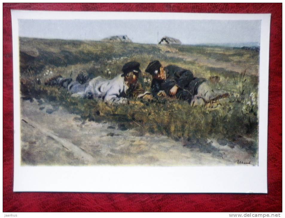 Painting by S. V. Ivanov - peasant boys - russian art - unused - JH Postcards