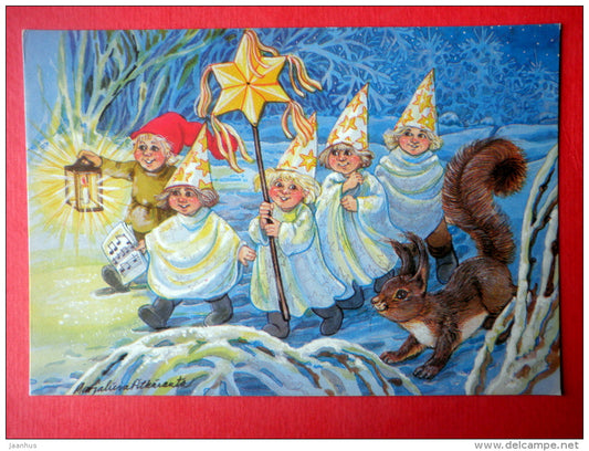 Christmas Greeting Card by MArjaliisa Pitkäranta - squirrel - children - Finland - circulated in Finland - JH Postcards