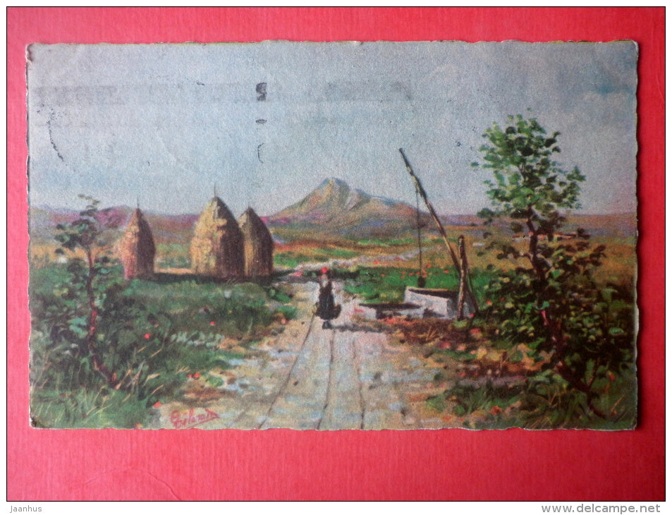illustration - well - haystack - signed - Ballerini & Fratini - 520 - circulated in Estonia Tallinn Tori 1929 - JH Postcards