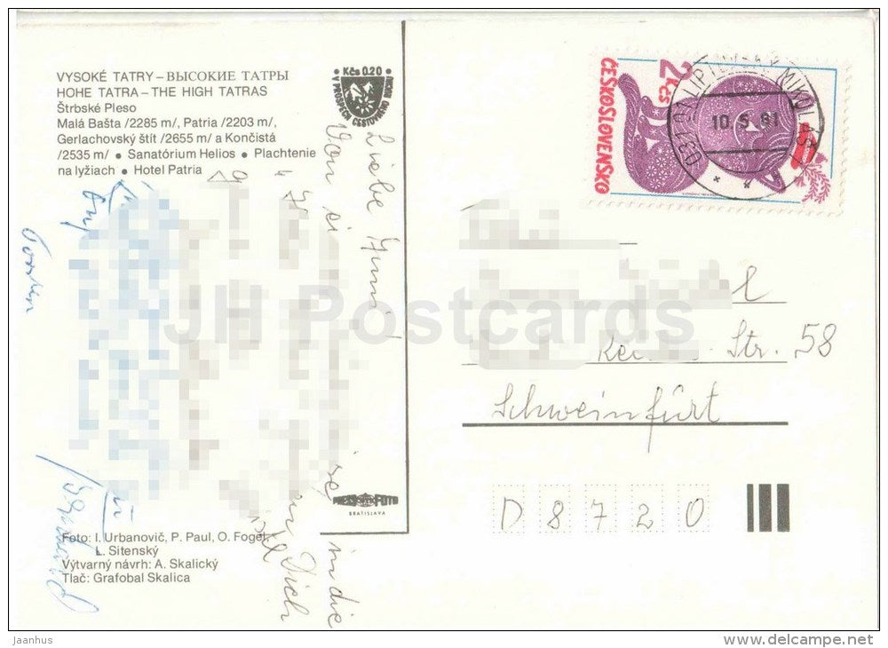Strbske Pleso - Mala Basta - Patria - Gerlachovsky - Vysoke Tatry - High Tatras - Czechoslovakia - Slovakia - used 1981 - JH Postcards