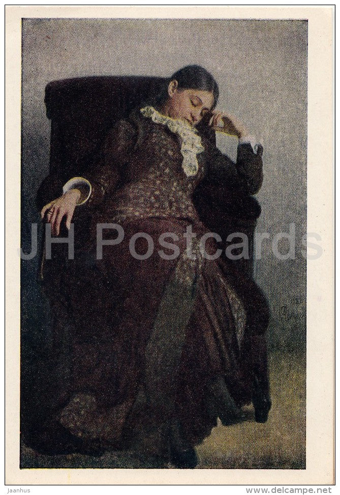 painting by I. Repin - Rest . Portrait of Artist´s Wife , 1882 - Russian art - 1955 - Russia USSR - unused - JH Postcards