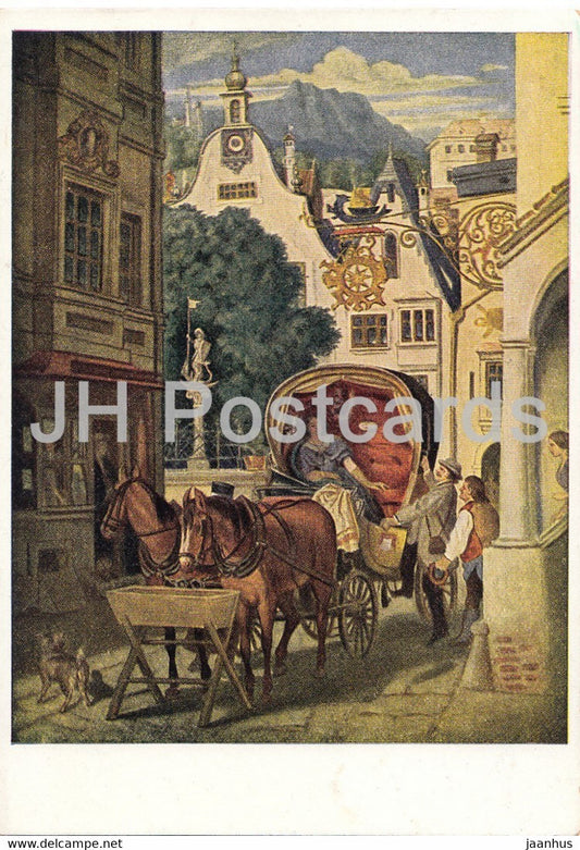 painting by Moritz von Schwind - Hochzeitreise - horse carriage - honeymoon - Austrian art - used - JH Postcards