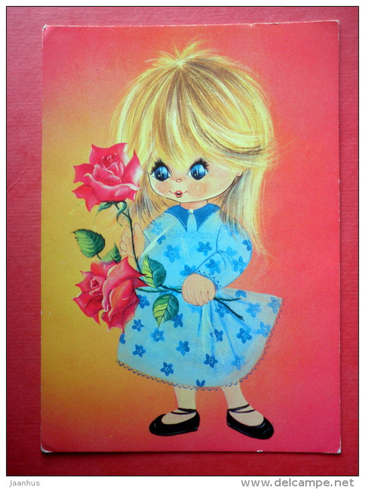 illustration - girl - flowers - rose - 1742/2 - Italy - circulated in Finland 1978 - JH Postcards