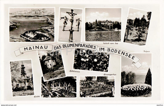 Mainau - Das Blumenparadies im Bodensee - Palmen - Tulpen - Kirche - Bananen - old postcard - Germany - unused - JH Postcards