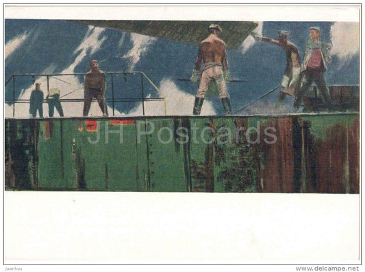 painting by G. Mitrevits - Daugava New Bridge , 1960 - builders - latvian art - unused - JH Postcards