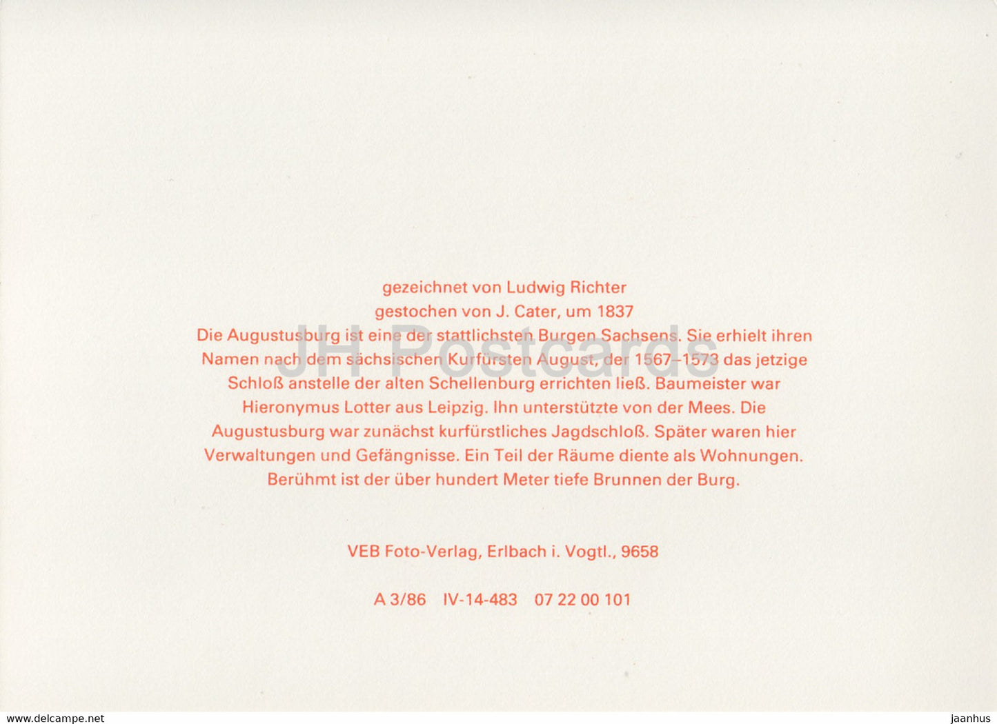 Augustusburg by Ludwig Richter - Sachsische Burgen - Saxon Castles - DDR Germany - unused