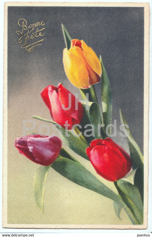 Birthday Greeting Card - Bonne Fete - flowers - tulips - HB 4115 - illustration - old postcard - France - used - JH Postcards