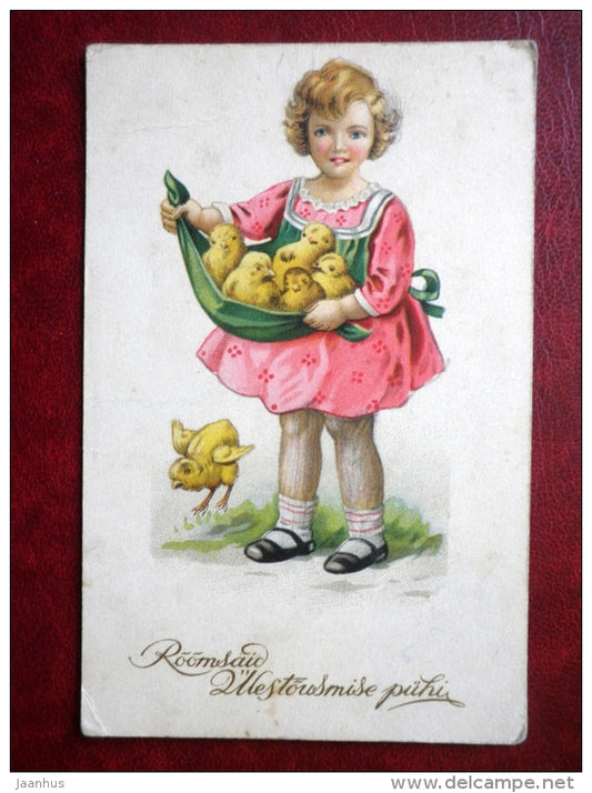 Easter Greeting Card - gilrl with chickens - 1920s-1930s - Estonia - used - JH Postcards