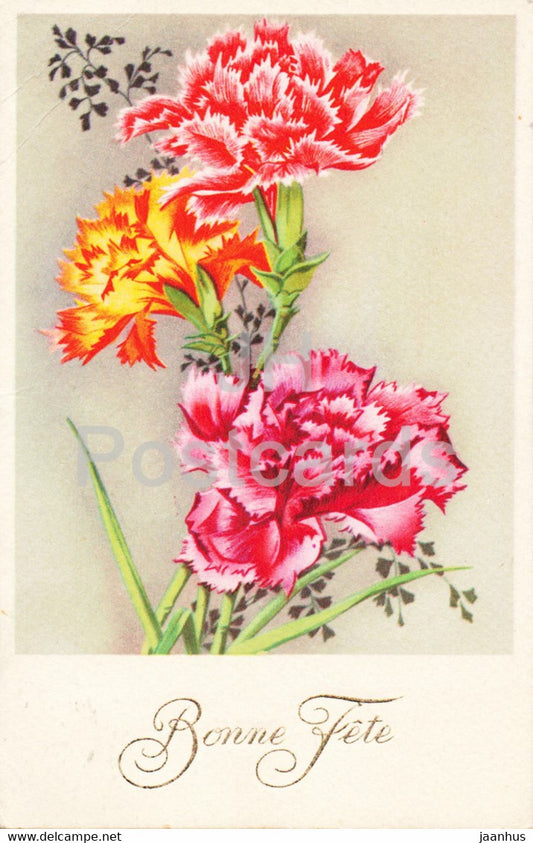 Birthday Greeting Card - Bonne Fete - carnation - flowers - Charme - 939 - old postcard - 1952 - France - used - JH Postcards