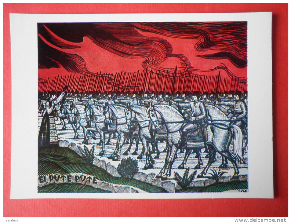 engraving by Jonas Kuzminskis - Lithuanian Folk Song theme . 1965 - soldiers - horse - lithuanian art - unused - JH Postcards