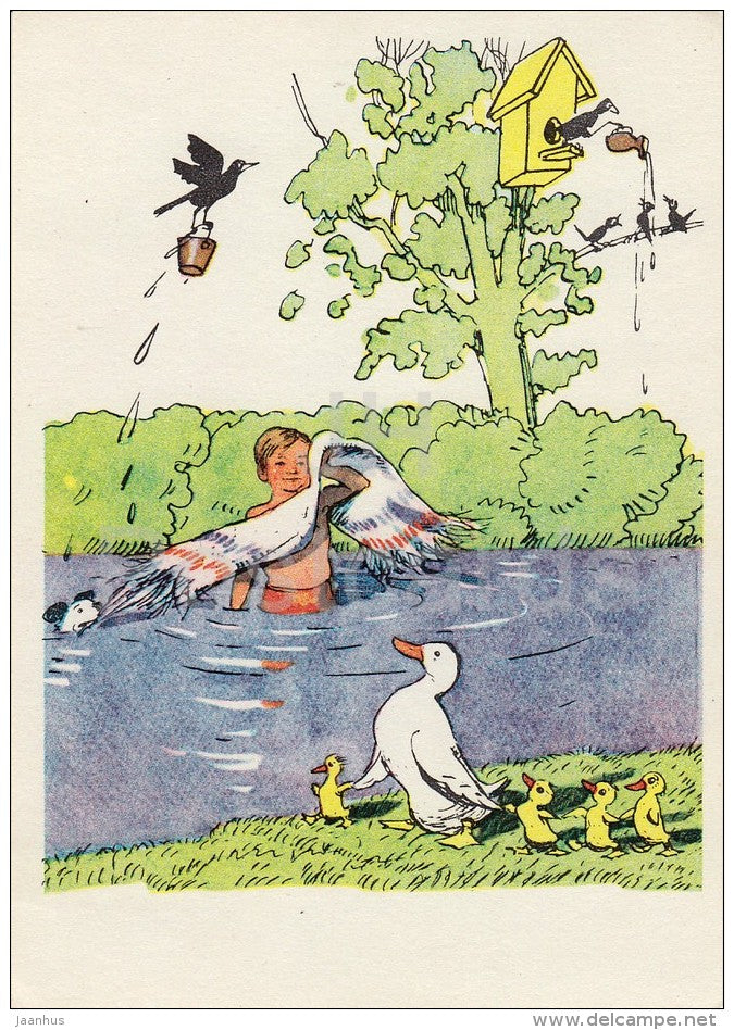 illustration - boy swimming - geese Moydodyr by K. Chukovsky - Wash-'em-Clean - fairy tale - 1970 - Russia USSR - unused - JH Postcards