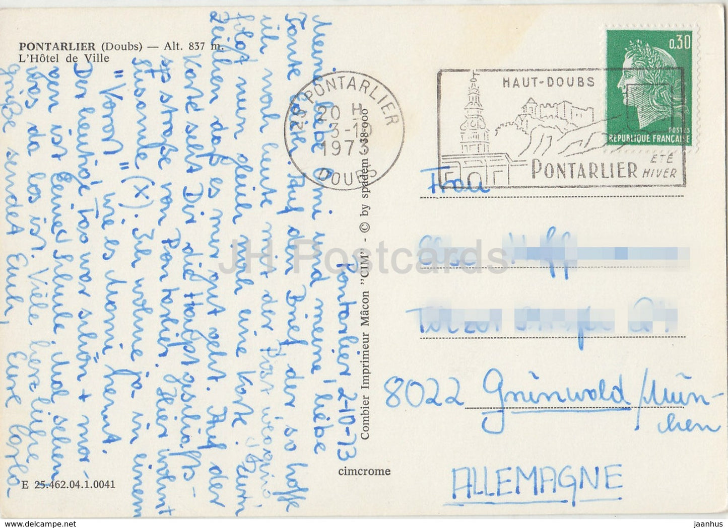 Pontarlier 837 m - L'Hotel de Ville - hotel - France - 1973 - used