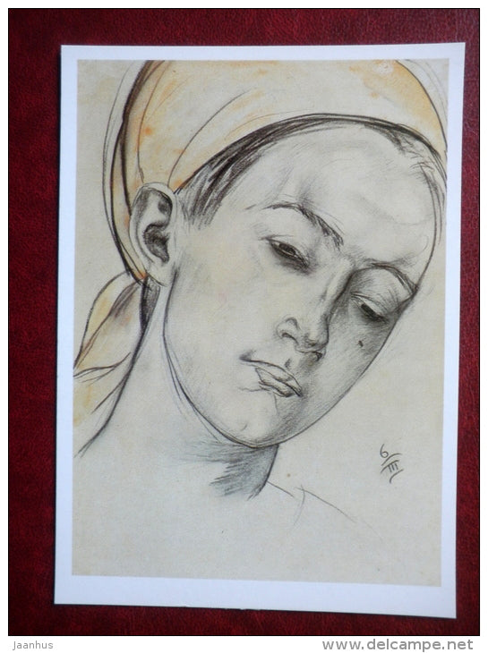 drawing by Kuzma Petrov-Vodkin , Portrait of a Woman , 1912 - russian art - unused - JH Postcards